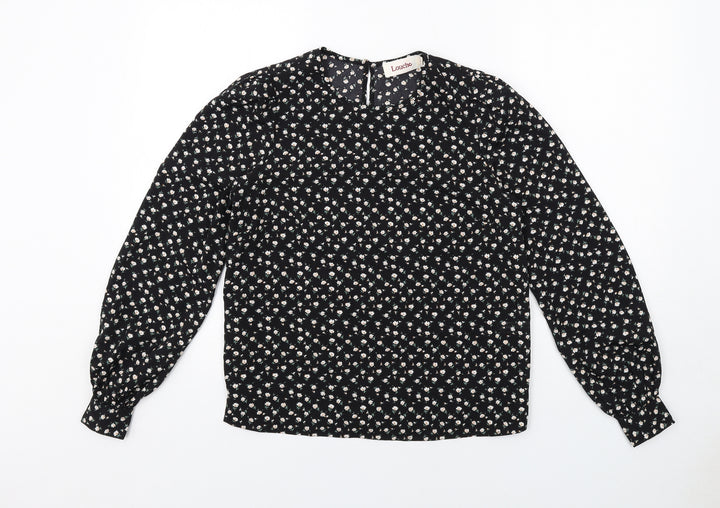 Louche Womens Black Floral Polyester Basic Blouse Size 8 Round Neck