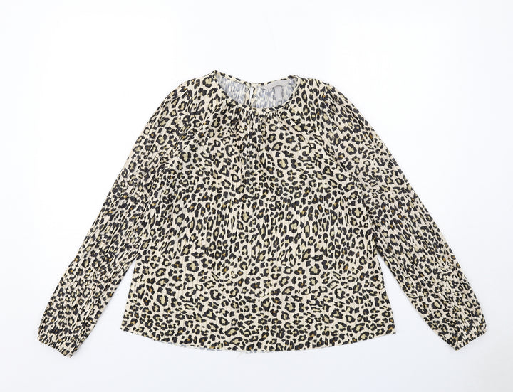 H&M Womens Beige Animal Print Polyester Basic Blouse Size XS Round Neck - Leopard Print