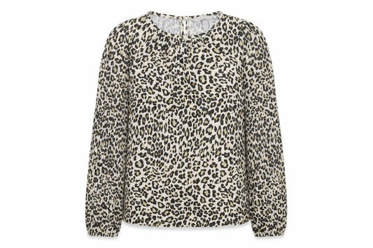 Front view of H&M women’s beige animal print polyester basic blouse, size XS, round neck - leopard print