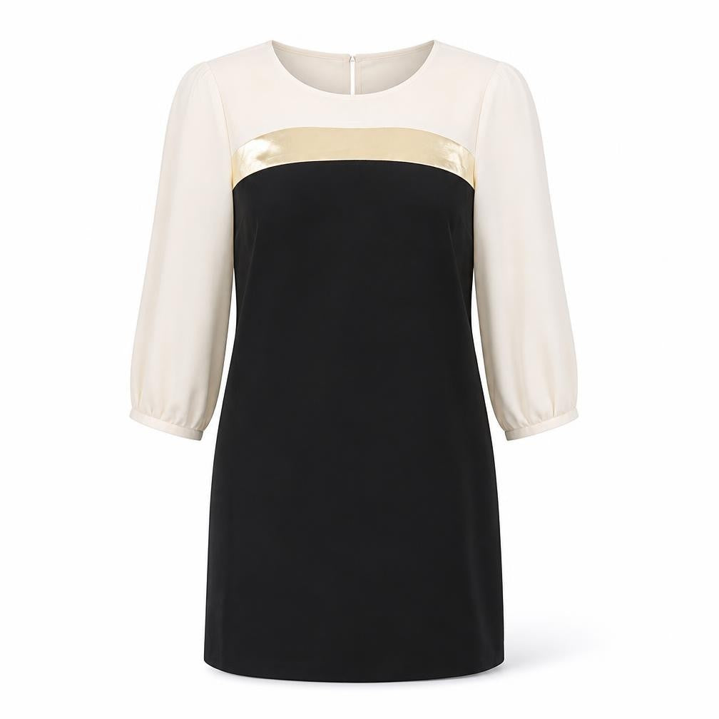 Front view of Oasis women’s black colourblock polyester a-line, size UK 8, round neck zip