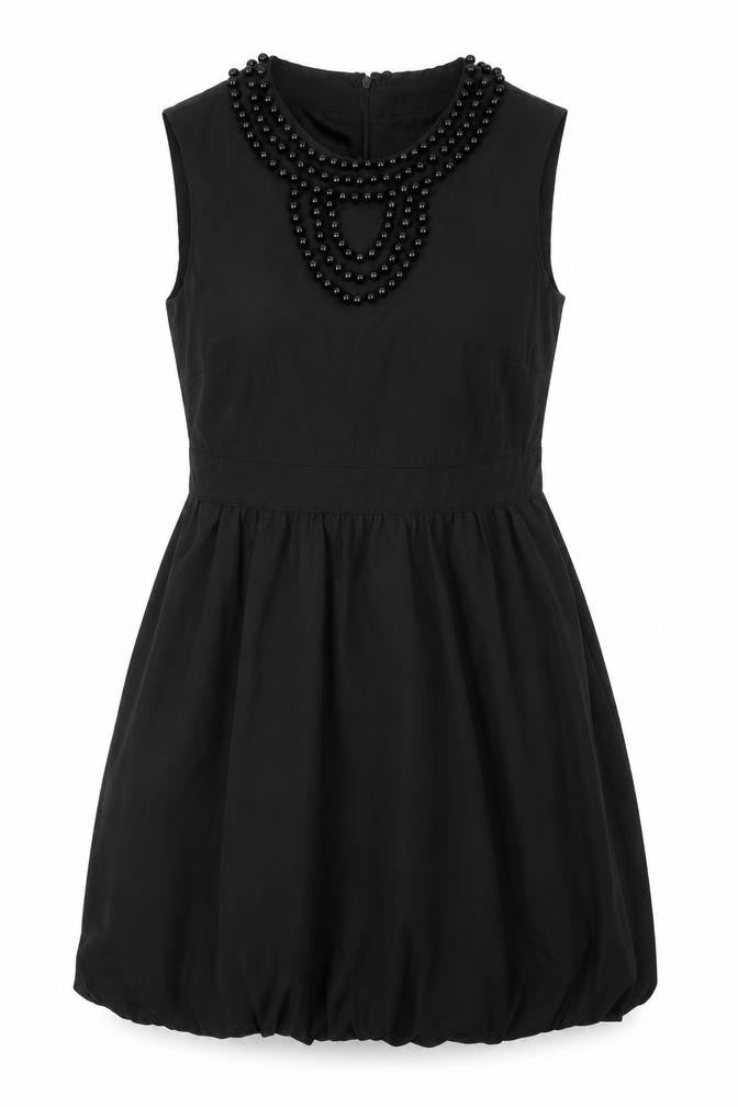 Front view of Coleen women’s black polyester a-line, size UK 12, round neck zip