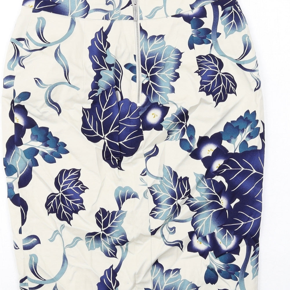 Oasis Womens Ivory Geometric Cotton Straight & Pencil Skirt Size 10 Zip - Leaf Pattern