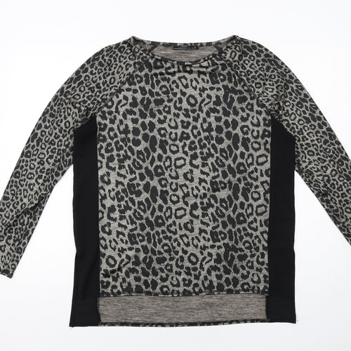 Zara Womens Black Animal Print Polyester Basic Blouse Size L Round Neck - Leopard Print