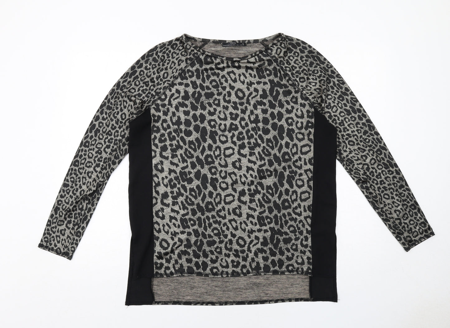 Zara Womens Black Animal Print Polyester Basic Blouse Size L Round Neck - Leopard Print