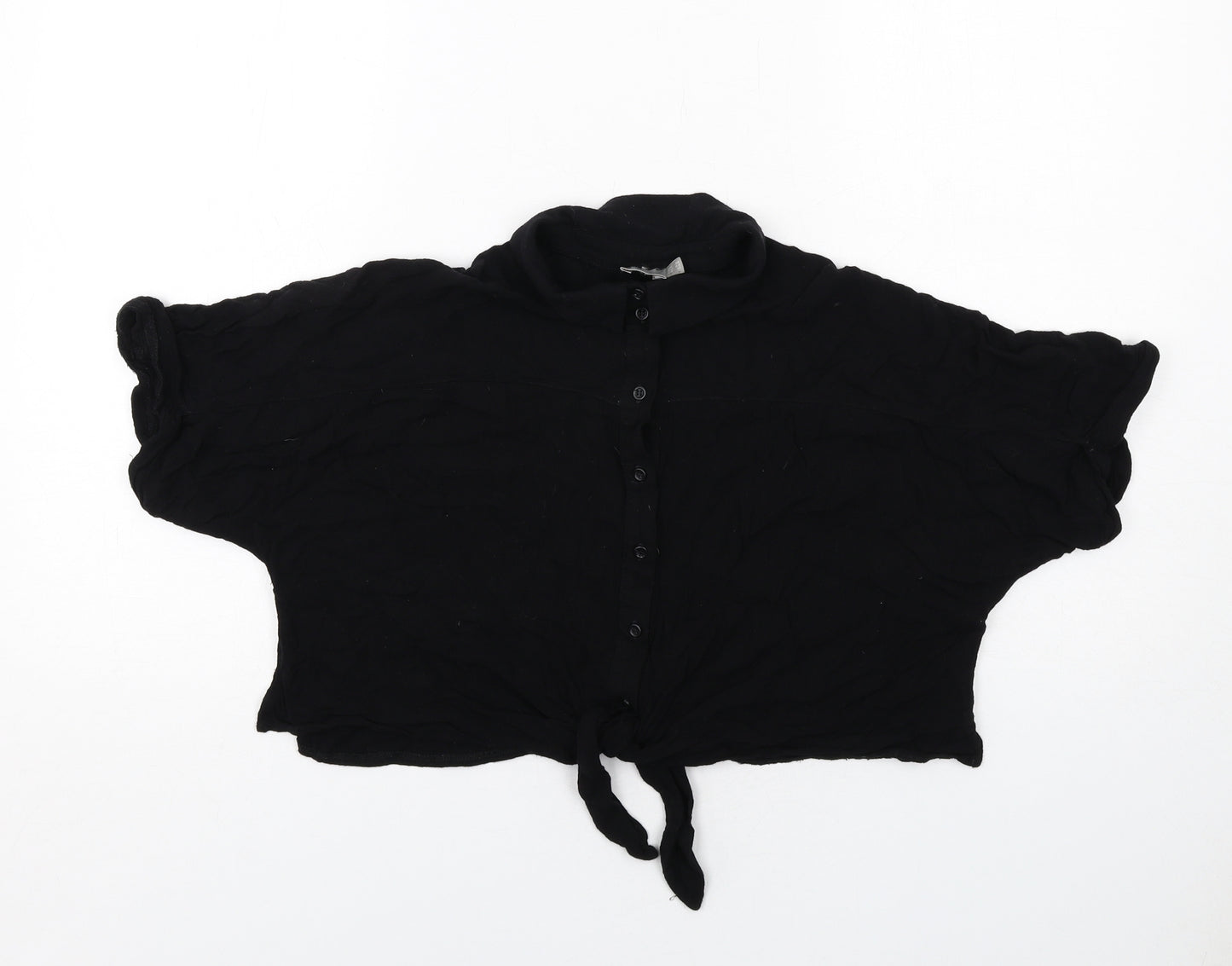 ASOS Womens Black Viscose Cropped Button-Up Size 14 Collared - Knot Front