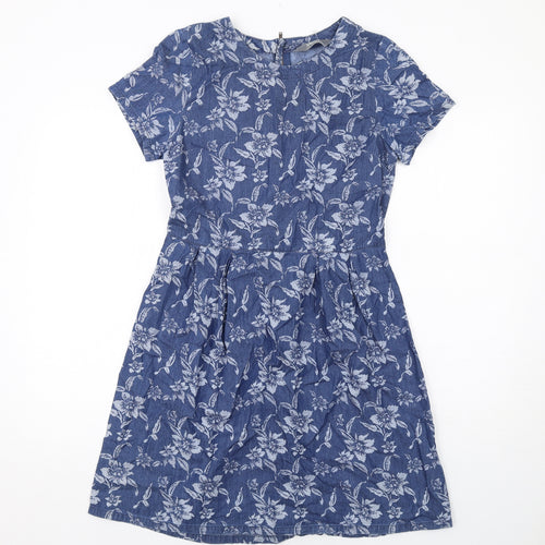Dorothy Perkins Womens Blue Floral Viscose A-Line Size 8 Round Neck Zip