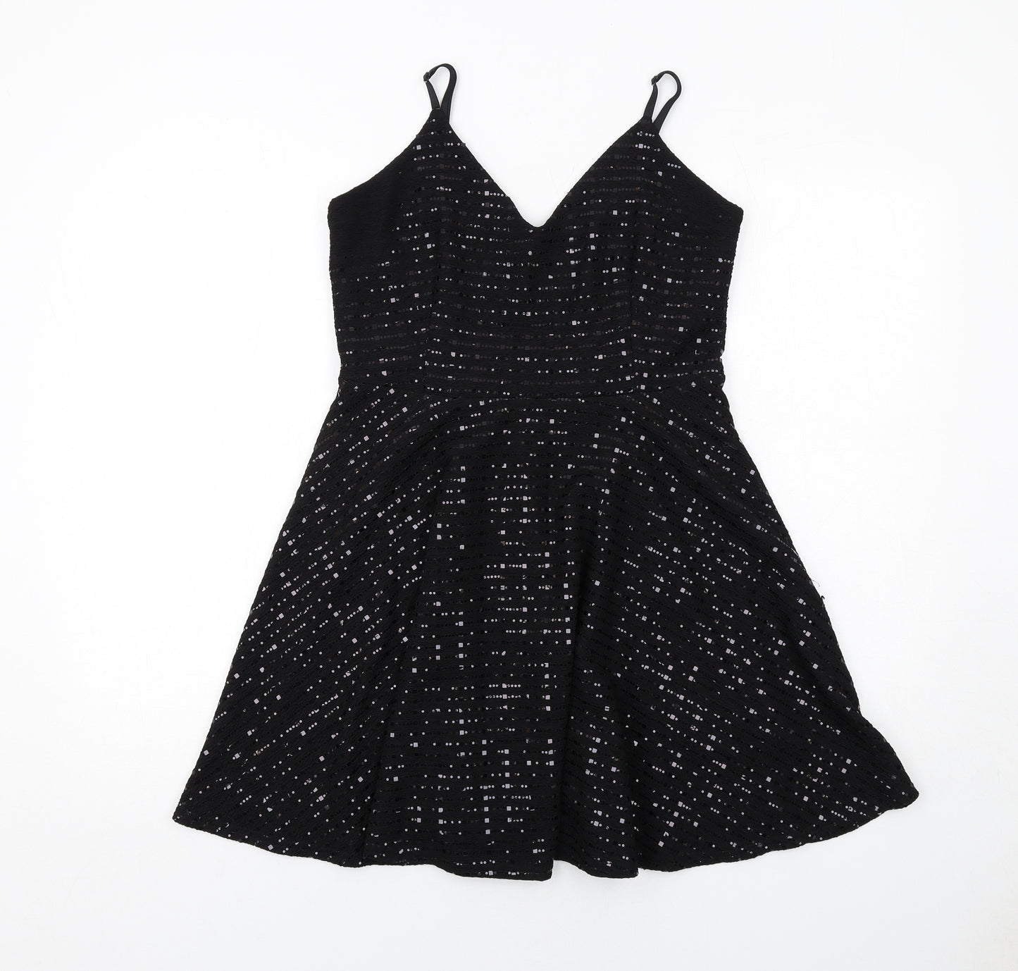 New Look Womens Black Striped Polyester Slip Dress Size 12 V-Neck Pullover