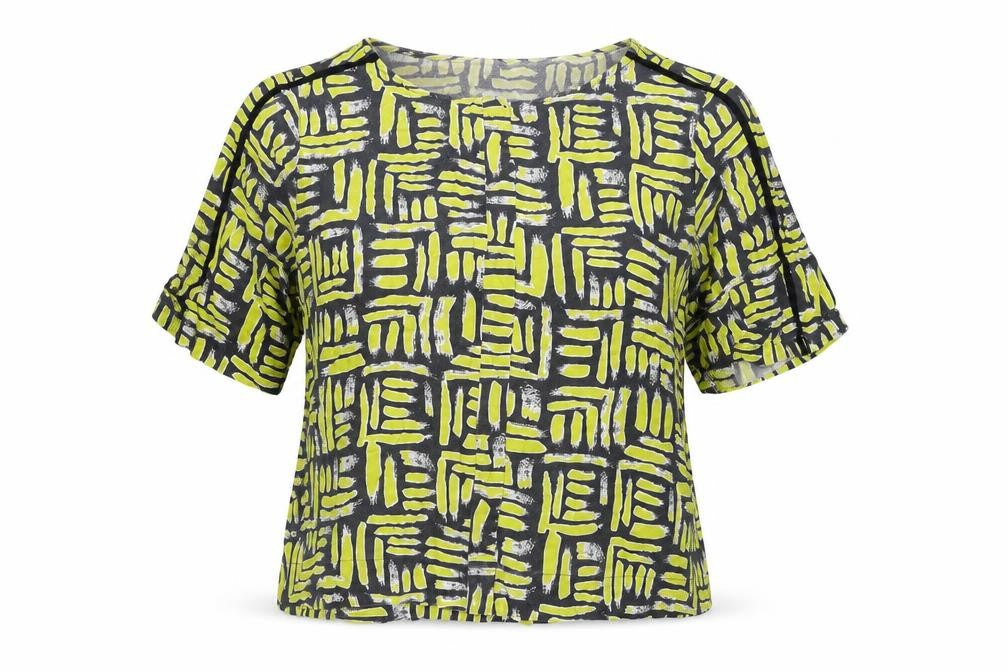 Front view of River Island women’s yellow geometric viscose basic blouse, size UK 8, round neck