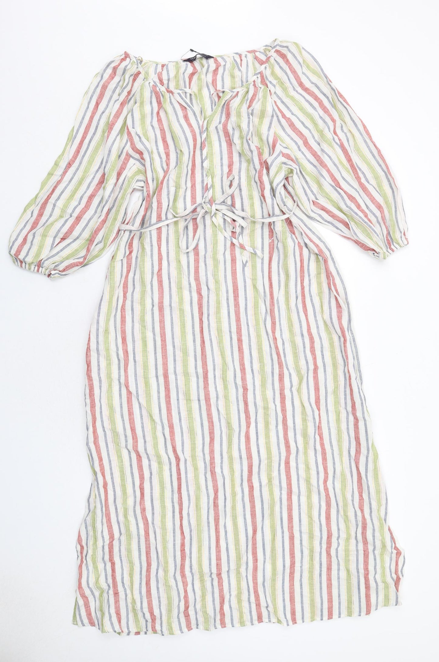 Marks and Spencer Womens Multicoloured Striped Linen A-Line Size 8 Round Neck Pullover