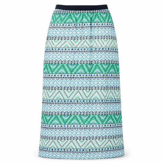 Front view of H&M women’s multicoloured geometric polyester maxi skirt, size UK 8