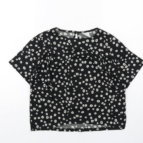 Zara Girls Black Geometric Polyester Basic T-Shirt Size 13-14 Years Round Neck Button - Daisy Print