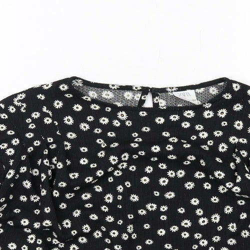 Zara Girls Black Geometric Polyester Basic T-Shirt Size 13-14 Years Round Neck Button - Daisy Print