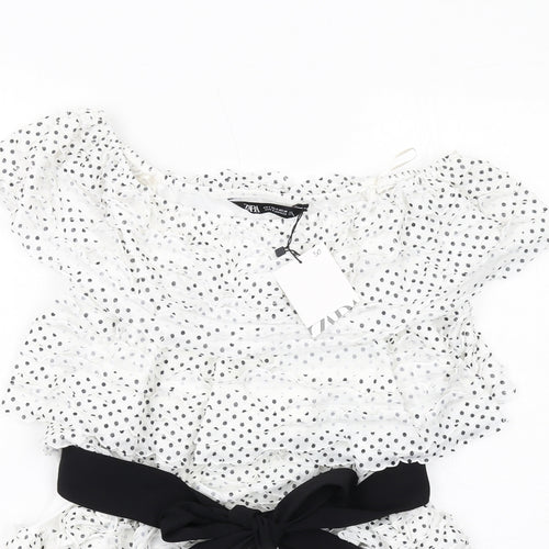 Zara Womens White Polka Dot Polyester Skater Dress Size S Round Neck Pullover