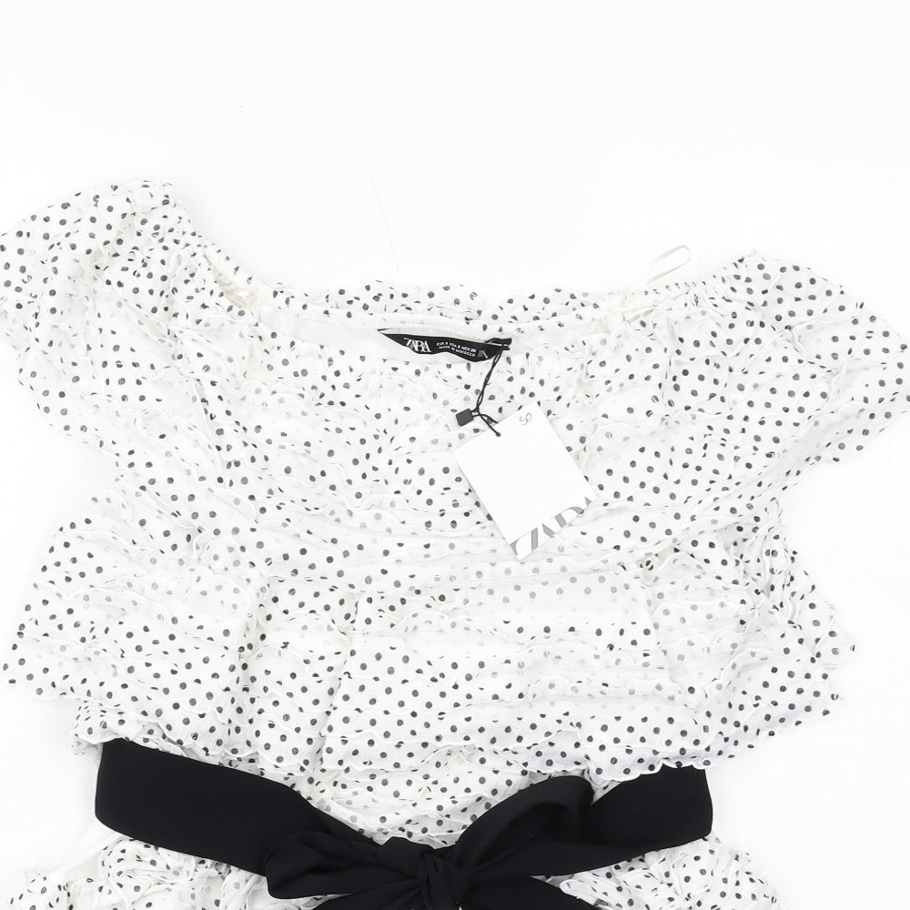 Zara Womens White Polka Dot Polyester Skater Dress Size S Round Neck Pullover