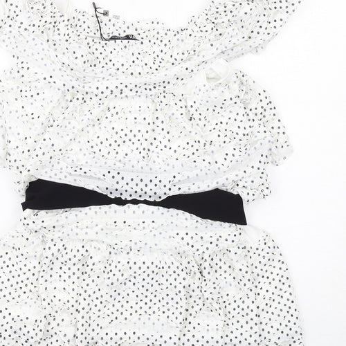 Zara Womens White Polka Dot Polyester Skater Dress Size S Round Neck Pullover