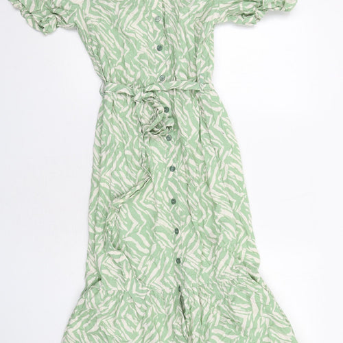 Dorothy Perkins Womens Green Animal Print Cotton Shirt Dress Size 8 Collared Button - Tiger Pattern