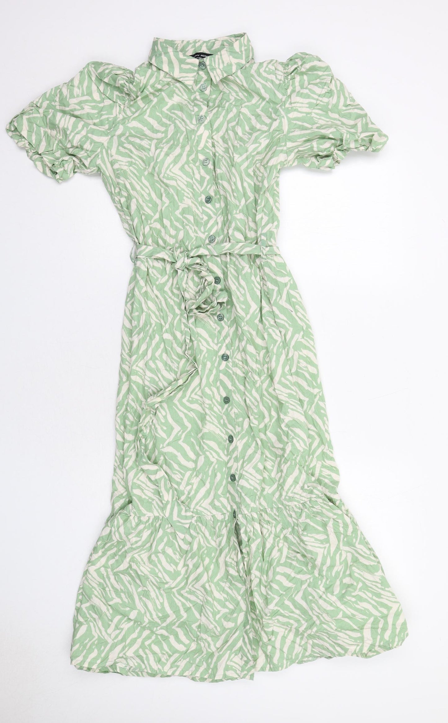 Dorothy Perkins Womens Green Animal Print Cotton Shirt Dress Size 8 Collared Button - Tiger Pattern