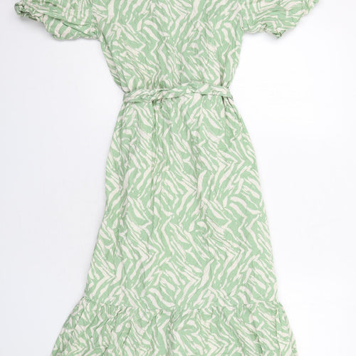 Dorothy Perkins Womens Green Animal Print Cotton Shirt Dress Size 8 Collared Button - Tiger Pattern