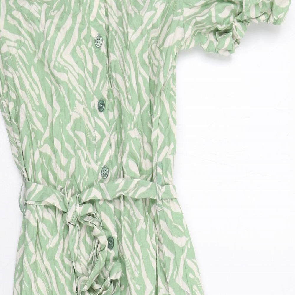 Dorothy Perkins Womens Green Animal Print Cotton Shirt Dress Size 8 Collared Button - Tiger Pattern
