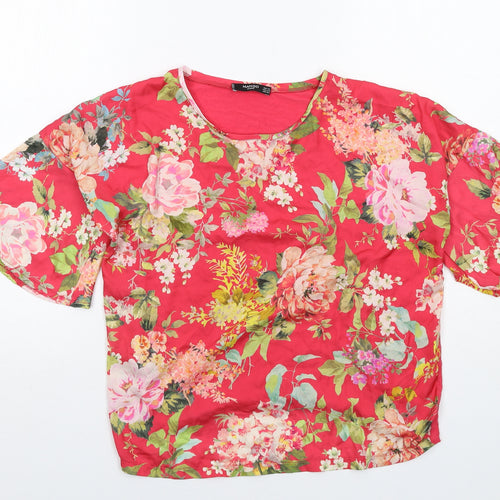 Mango Womens Red Floral Polyester Basic Blouse Size XS Round Neck