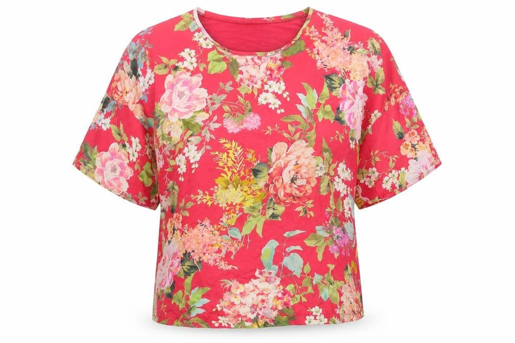 Mango Womens Red Floral Polyester Basic Blouse Size XS Round Neck