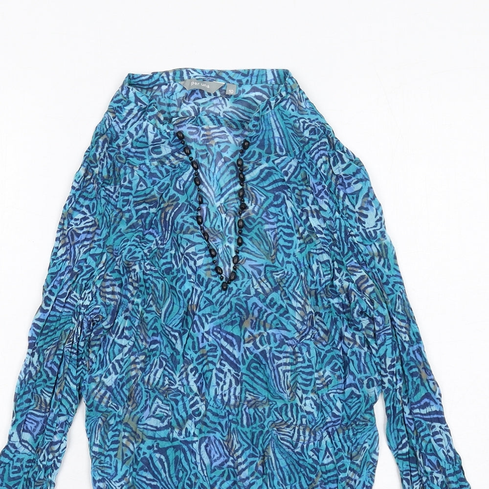 Per Una Womens Blue Geometric Polyester Basic Blouse Size 10 V-Neck