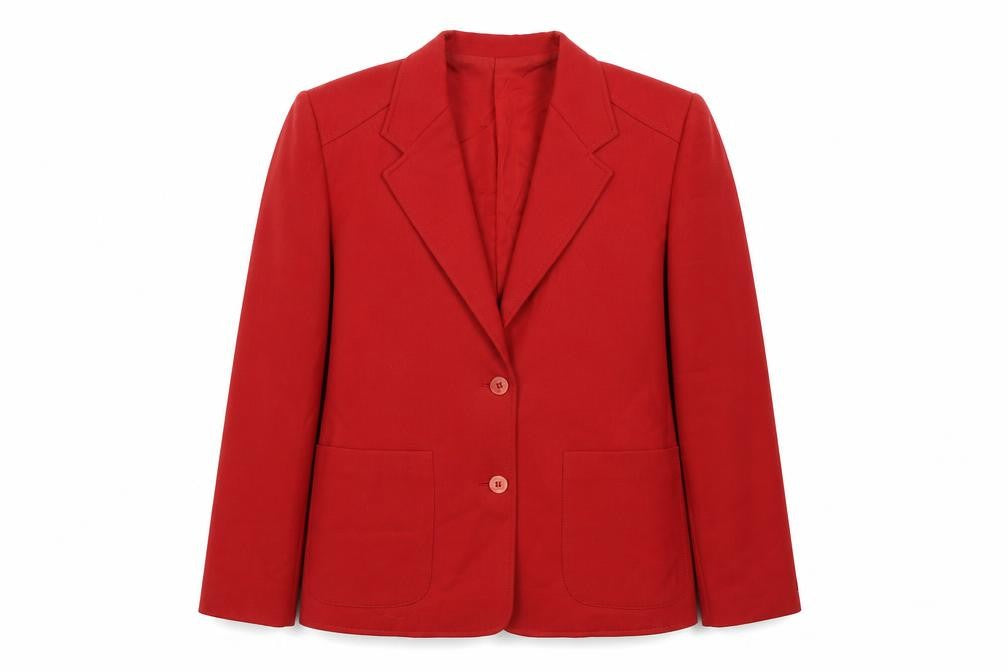 Front view of Reldan women’s red wool jacket suit jacket, size UK 10, - shoulder pads