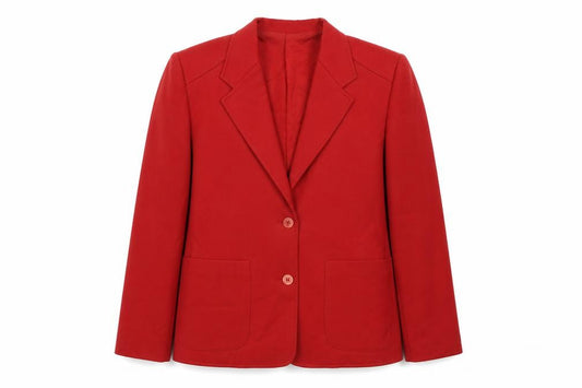 Front view of Reldan women’s red wool jacket suit jacket, size UK 10, - shoulder pads