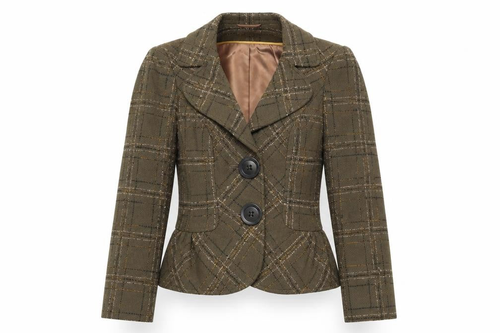 Front view of Marks & Spencer women’s multicoloured check acetate jacket blazer, size UK 10