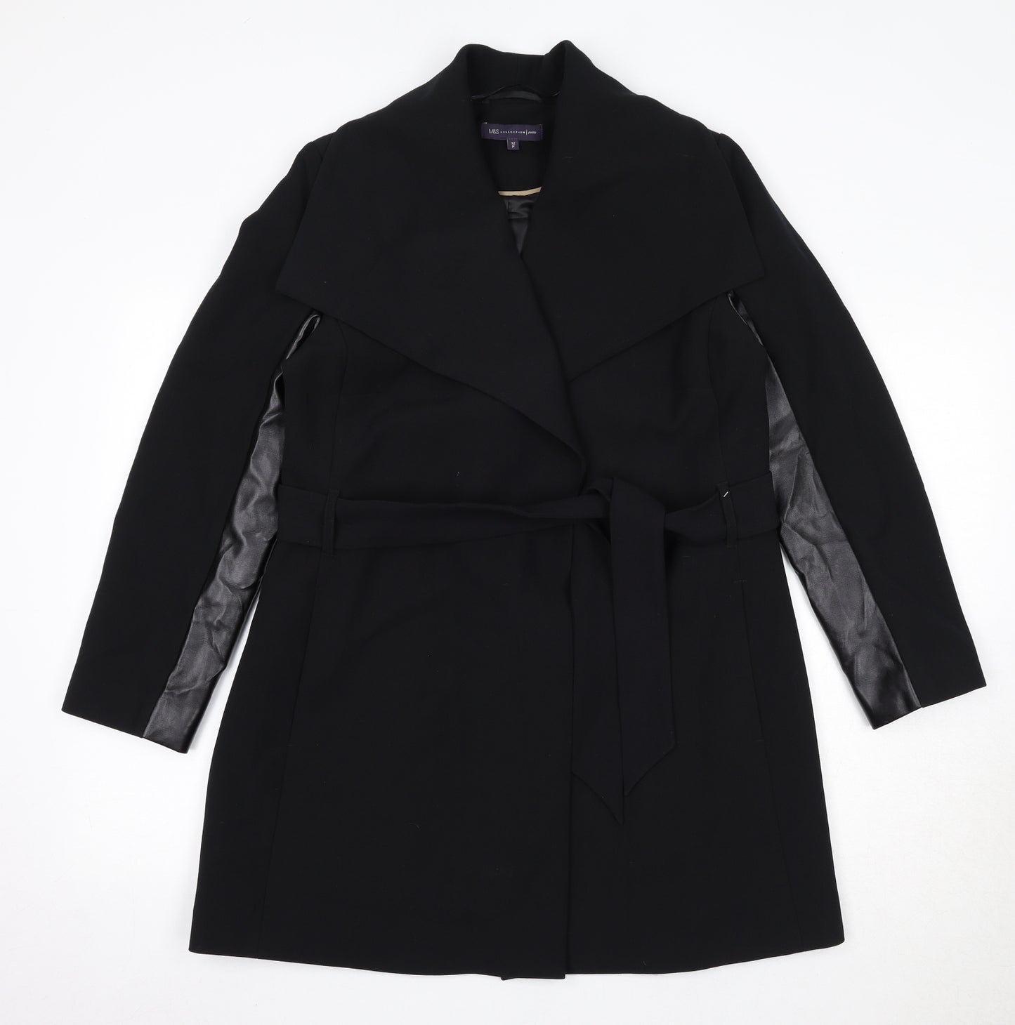 Marks and Spencer Womens Black Overcoat Coat Size 12 Tie