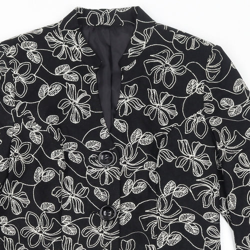 EWM Womens Black Floral Jacket Blazer Size 10 Button