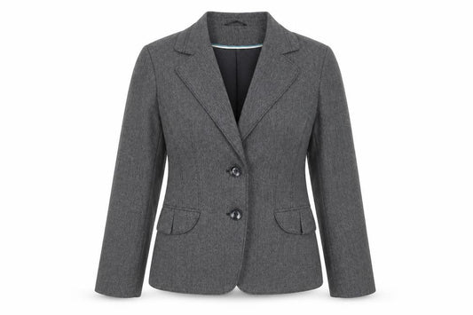 Front view of Autonomy women’s grey polyester jacket blazer, size UK 12, - shoulder pads