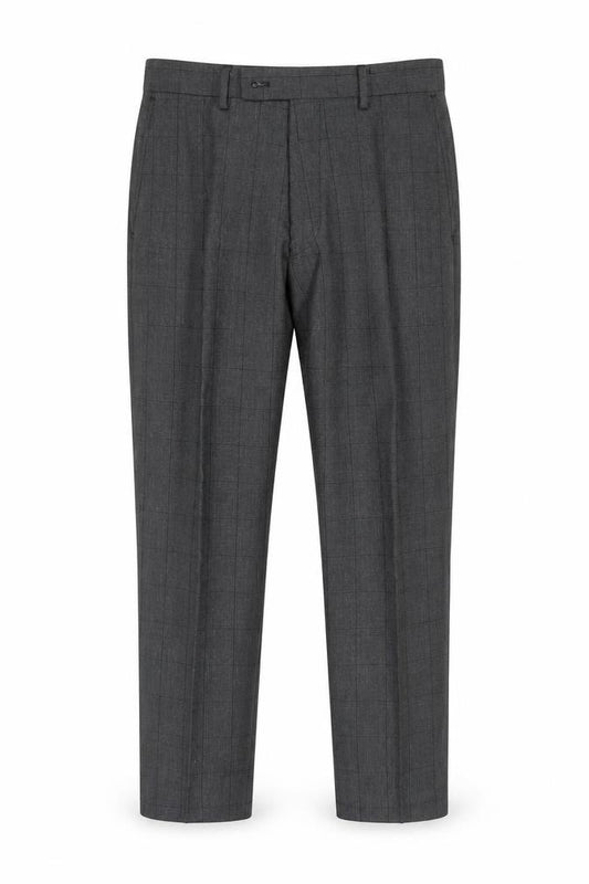 Front view of Dobell men’s grey check polyester dress pants trousers, size 30, in, 24-inch leg regular zip