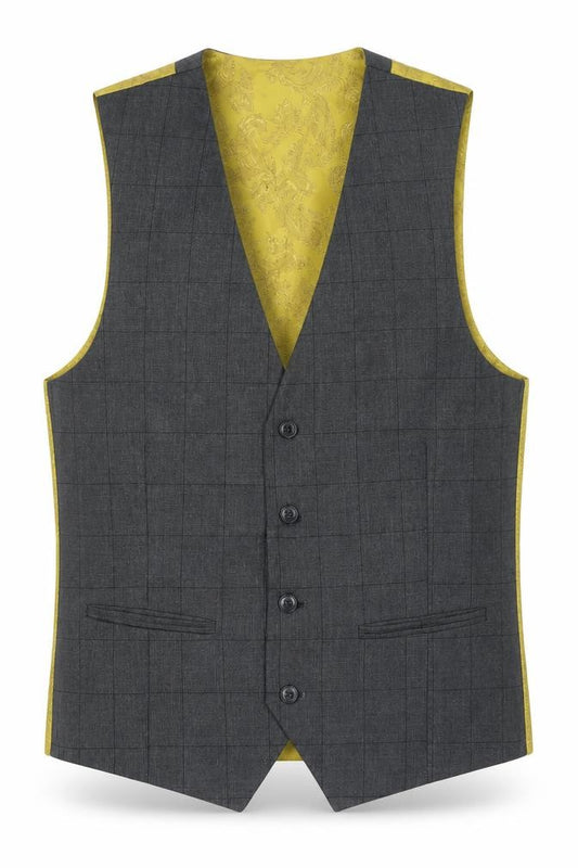 Front view of Dobell men’s grey check polyester jacket suit waistcoat, size S, regular
