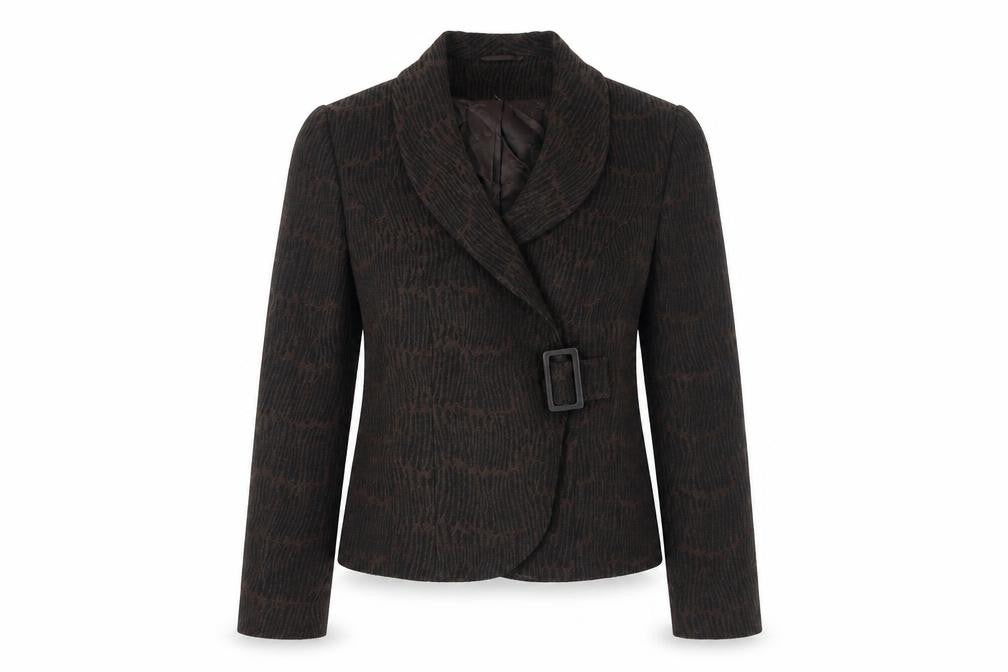 Front view of Minuet women’s brown geometric jacket, size UK 12, buckle