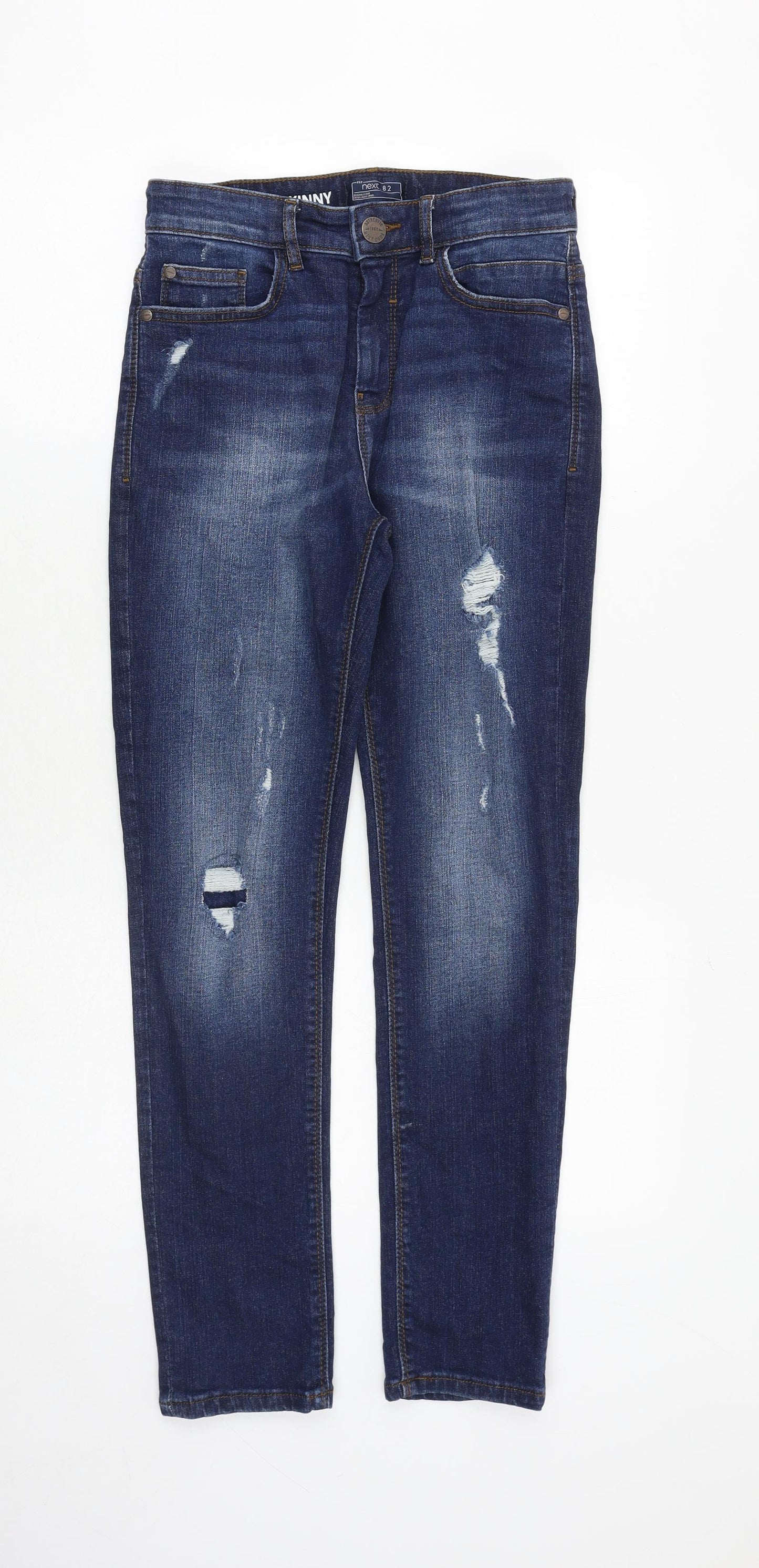 NEXT Boys Blue Cotton Skinny Jeans Size 13 Years Regular Zip - Distressed