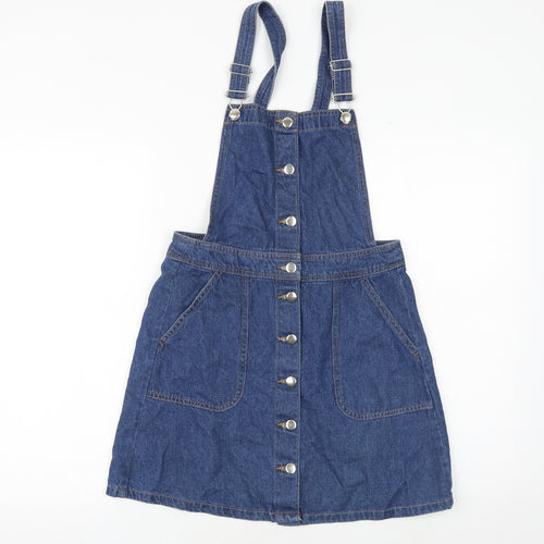 H&M Womens Blue 100% Cotton Pinafore/Dungaree Dress Size 8 Square Neck Buckle