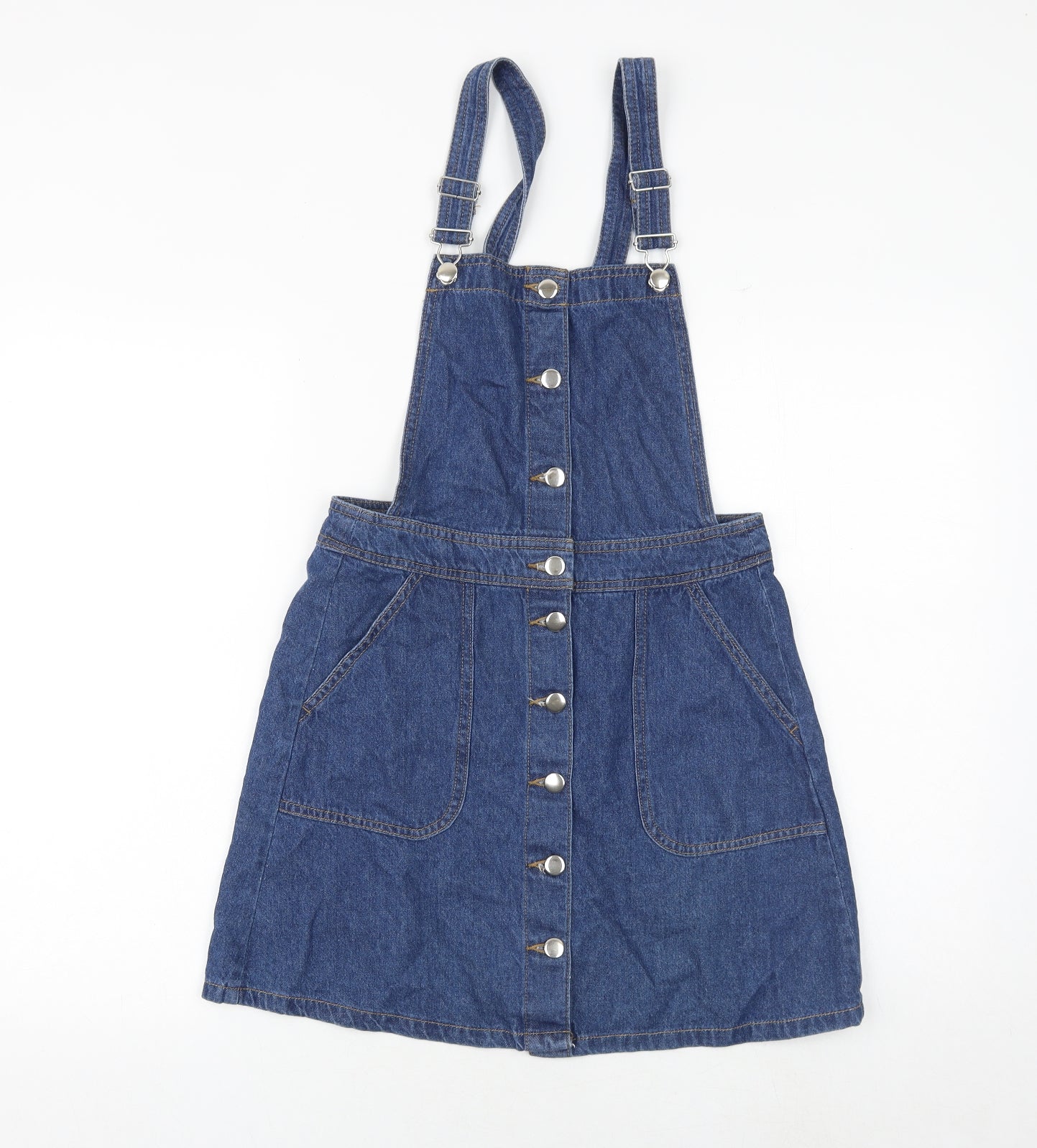 H&M Womens Blue 100% Cotton Pinafore/Dungaree Dress Size 8 Square Neck Buckle