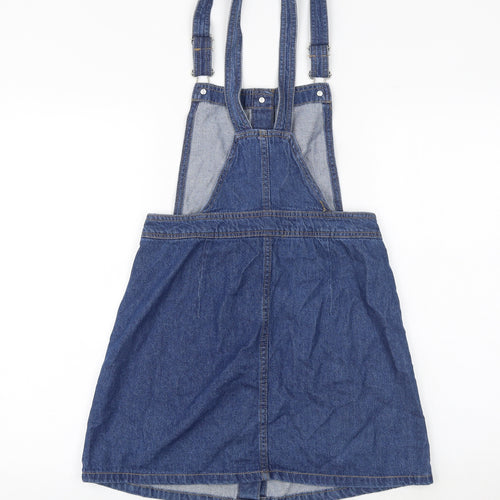 H&M Womens Blue 100% Cotton Pinafore/Dungaree Dress Size 8 Square Neck Buckle