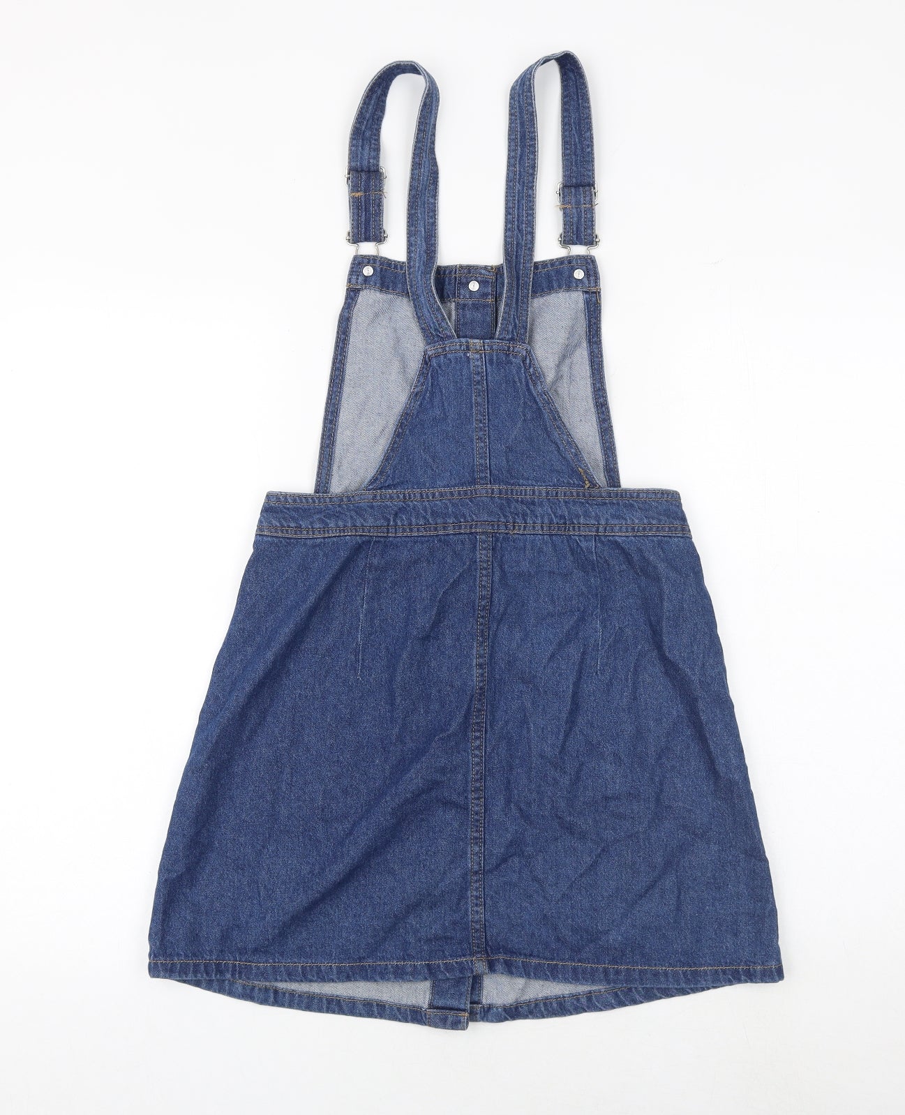 H&M Womens Blue 100% Cotton Pinafore/Dungaree Dress Size 8 Square Neck Buckle