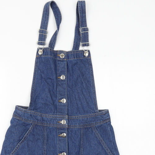 H&M Womens Blue 100% Cotton Pinafore/Dungaree Dress Size 8 Square Neck Buckle