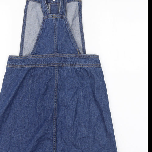 H&M Womens Blue 100% Cotton Pinafore/Dungaree Dress Size 8 Square Neck Buckle