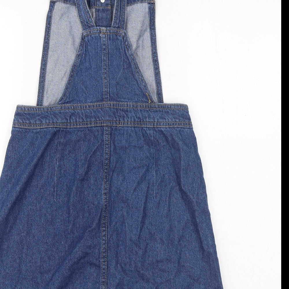 H&M Womens Blue 100% Cotton Pinafore/Dungaree Dress Size 8 Square Neck Buckle