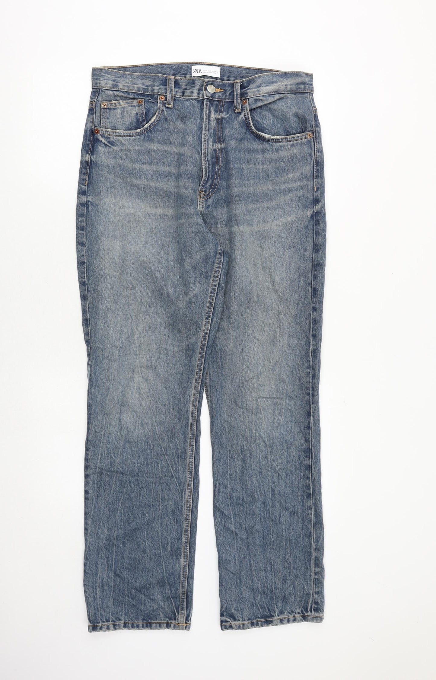 Zara Womens Blue Cotton Straight Jeans Size 14 Regular Zip