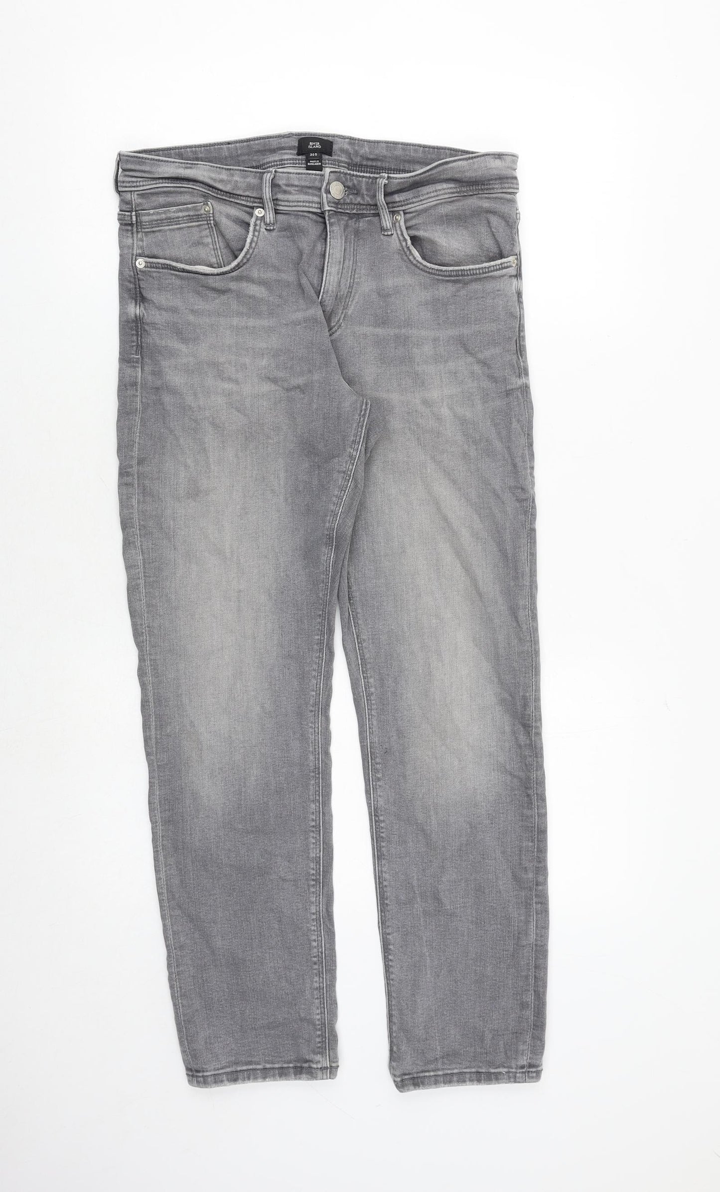 River Island Mens Grey Cotton Straight Jeans Size 30 in Regular Zip - Short Leg