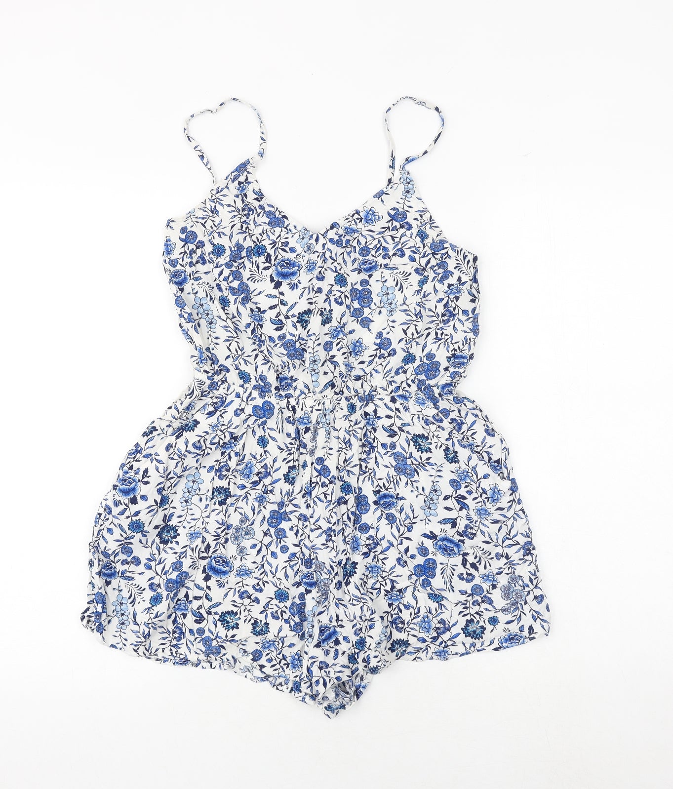 H&M Womens Blue Floral Viscose Playsuit One-Piece Size 10 Pullover