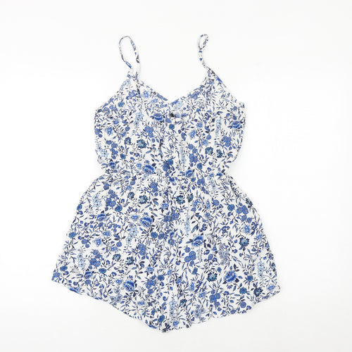 H&M Womens Blue Floral Viscose Playsuit One-Piece Size 10 Pullover