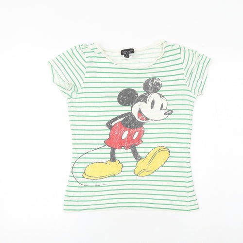 Topshop Womens Green Striped 100% Cotton Basic T-Shirt Size 8 Round Neck - Mickey Mouse