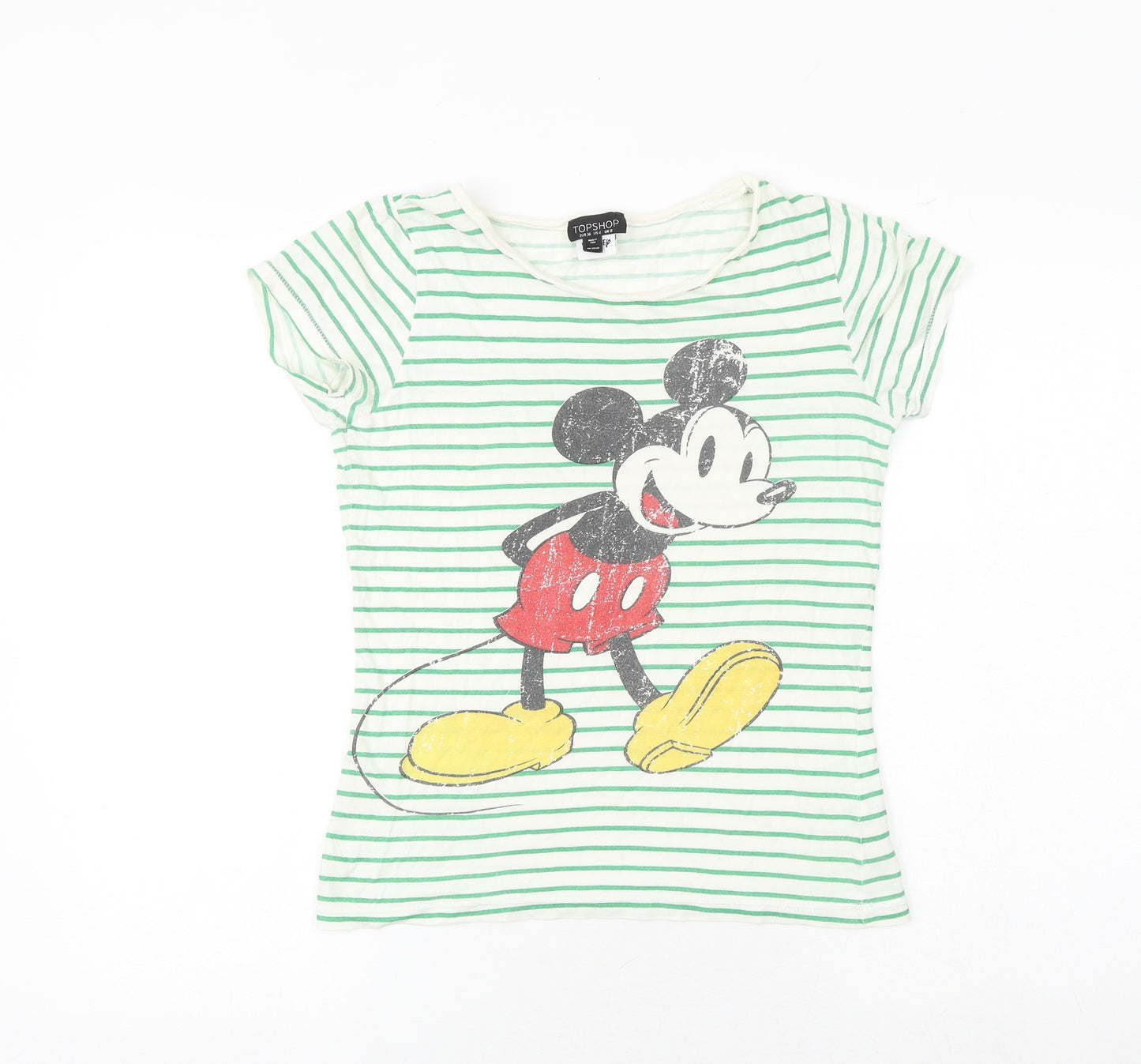 Topshop Womens Green Striped 100% Cotton Basic T-Shirt Size 8 Round Neck - Mickey Mouse