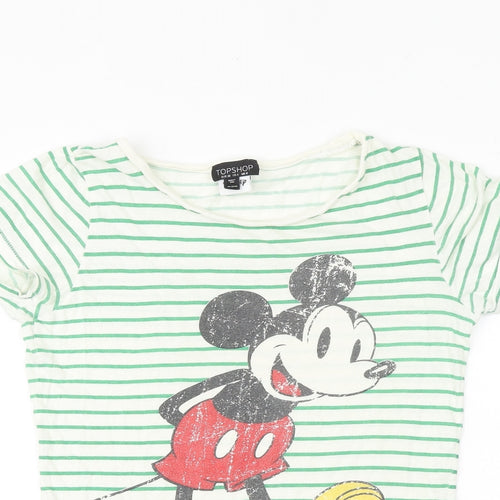 Topshop Womens Green Striped 100% Cotton Basic T-Shirt Size 8 Round Neck - Mickey Mouse